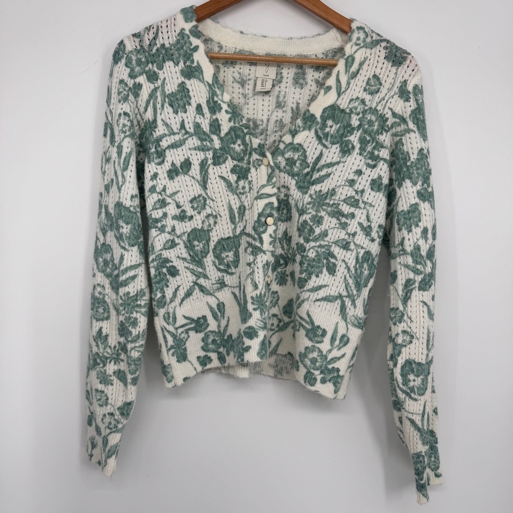 Joie White Cream Cardigan with Green Floral Print FLAWED